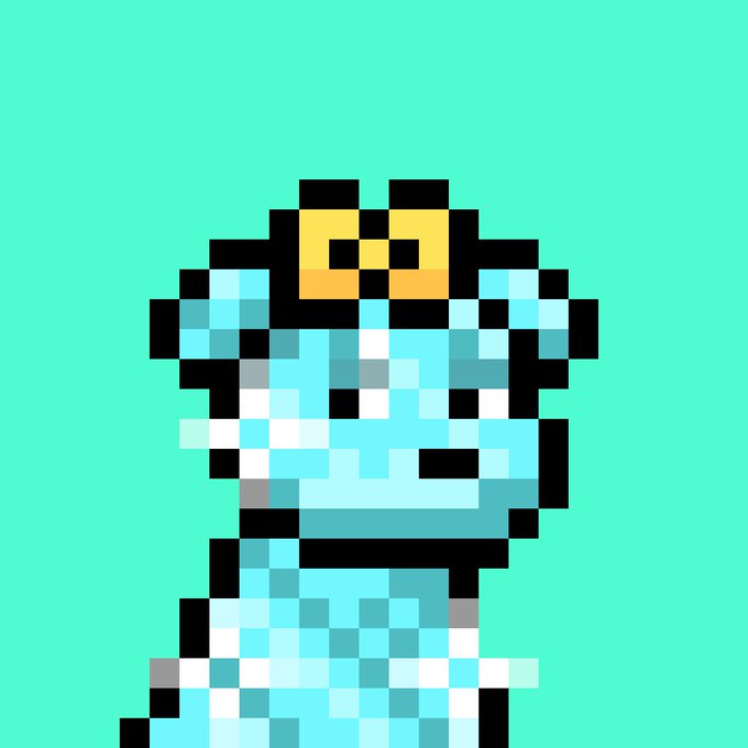 A pixel art image of a blue dragon-like creature with yellow eyes on a teal background.