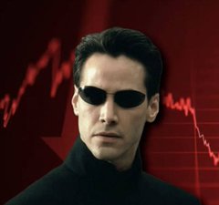 Keanu Reeves as Neo from The Matrix, wearing dark sunglasses against a red backdrop featuring stock chart lines, visually representing the high-stakes, volatile nature of the leveraged 40x Bitcoin long position referenced in the post.