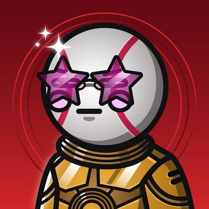 Stylized cartoon astronaut character wearing star-shaped purple sunglasses and a gold spacesuit against a red background with a circular glow.