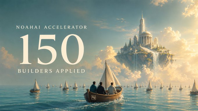 A fantasy promotional image for "NoahAI Accelerator" showing "150 BUILDERS APPLIED" with people in sailboats on the ocean approaching a floating castle with waterfalls in the clouds.