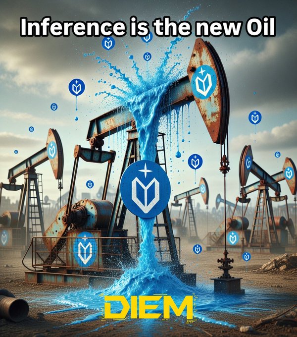 The image features a large blue waterfall with several oil pumps surrounding it, creating an impression that the water is spilling out of the pump. The text "Inference is the new Oil" is written above the waterfall, suggesting that inference has been made about the new oil. The caption also includes the word "DIEM", which could be related to a brand or company name.