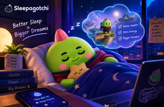 A Sleepagotchi advertisement featuring a cute green character sleeping with the tagline 'Better Sleep = Bigger Dreams' and benefits including Better Health, More Energy, and Bigger Dreams.