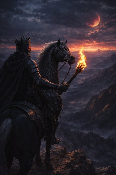 A dark fantasy digital artwork depicting an armored king on horseback holding a flaming torch, with a red crescent moon in a cloudy sky over mountainous terrain.