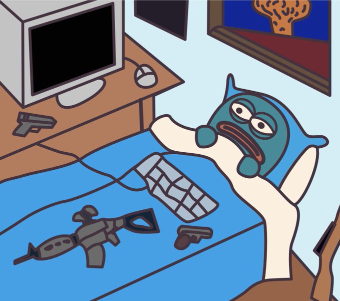 The cartoon depicts a blue mascot character lounging on a bed surrounded by weapons, a keyboard, and a computer setup, suggesting a "gamer with guns" aesthetic. The accompanying text "Pendingfi GN" appears unrelated to the image, with no visible connection to the scene or any readable numbers/tickers shown.