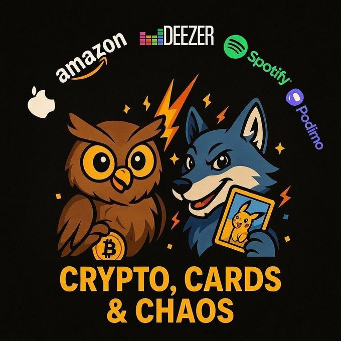 A graphic titled "CRYPTO, CARDS & CHAOS" featuring a cartoon owl holding a Bitcoin coin facing off against a wolf holding a Pikachu card, with logos for Amazon, Apple, Deezer, Spotify, and podimo displayed above.