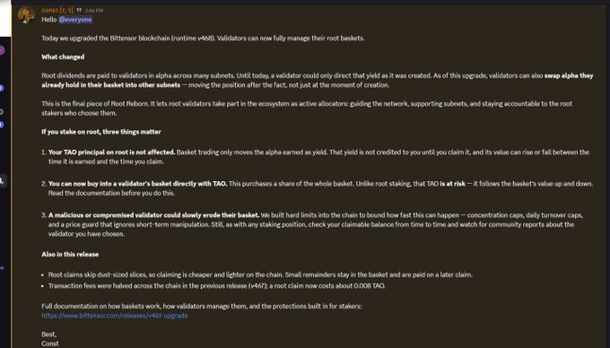 A Discord post by 'const' at 2:00 PM in the #everyone channel titled 'Hello' announces a Bittensor blockchain (runtime v468) upgrade where validators can swap alpha between subnet baskets, explaining TAO staking risks including TAO principal on root, buying into baskets via TAO, and validator malicious or compromised actions.
