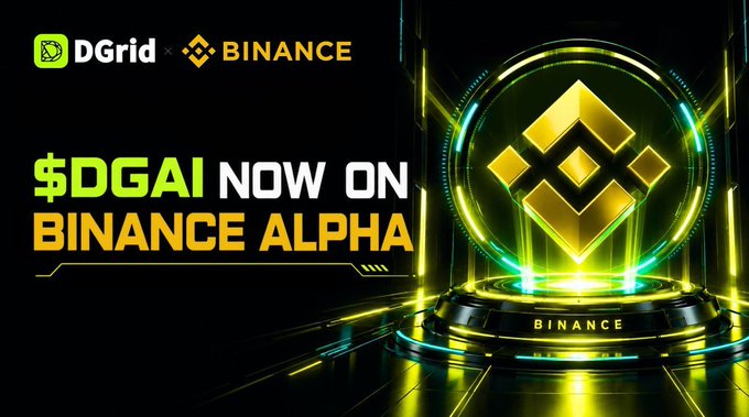 An advertisement for '$DGAI NOW ON BINANCE ALPHA' featuring the DGrid and Binance logos.