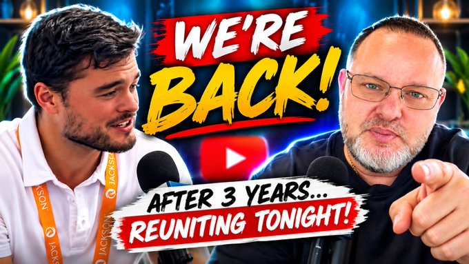 a YouTube thumbnail showing two men with microphones, captioned 'WE'RE BACK! AFTER 3 YEARS... REUNITING TONIGHT!'.