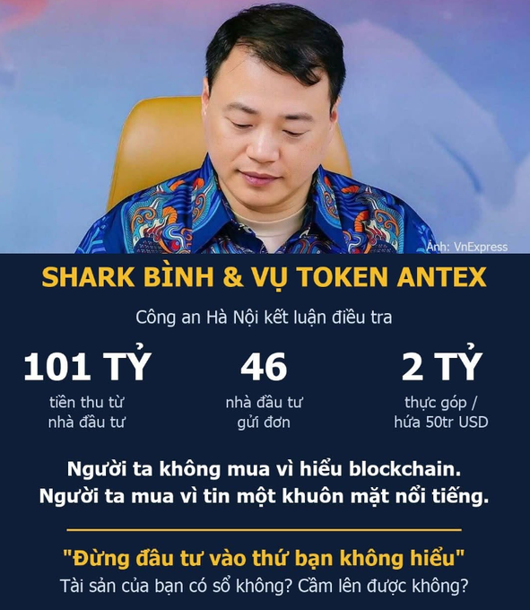 A Vietnamese infographic titled 'SHARK BÌNH & VỤ TOKEN ANTEX' features a man in a patterned blue shirt above statistics about investor funds and complaints, with text warning against investing in things you don't understand.