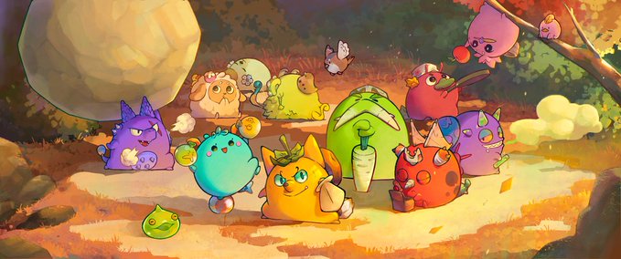 A colorful group of whimsical, round creatures (Axies) gather together in a sunlit clearing, each with unique features like horns, leaves, and floating bubbles. The image illustrates the post's message that players should pick an Axie they connect with, showcasing a diverse lineup of charming characters rather than focusing on rarity.