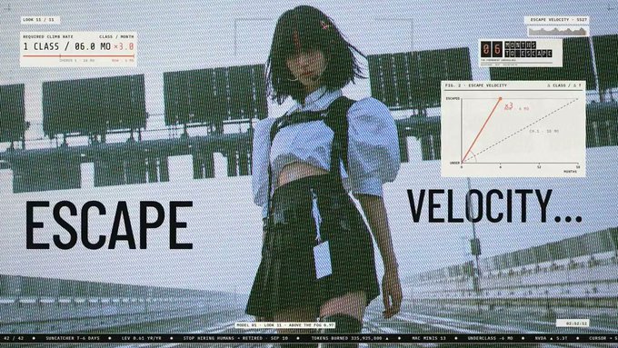 An anime-style promotional image with the text "ESCAPE VELOCITY..." overlaid on a girl wearing a black cap, white top, and black skirt, featuring various technical HUD elements and graphs.