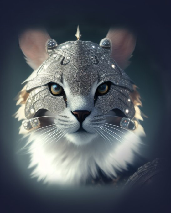 A regal white cat wearing an ornate silver helmet with intricate engravings gazes directly at the viewer against a dark background, embodying the "Knight Cat" theme of the NFT drop. The majestic, warrior-like feline perfectly captures the mysterious and noble nature suggested by the Tezos art collection's title.