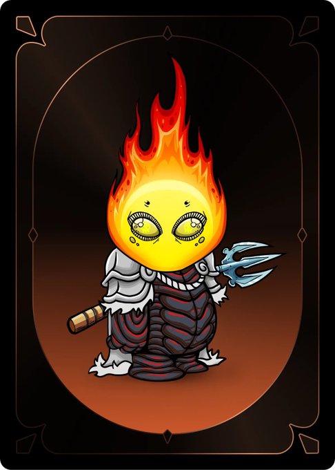 The image features a cartoon character resembling a fire-breathing dragon or a fire-breathing monster with a sword, standing against a dark background. The character has a yellow head and red eyes, giving them a fiery appearance. The character is holding a sword in their right hand.