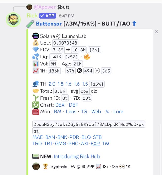 Telegram message from 'Rick APP' at 8:47 PM showing token data for 'Buttensor [7.3M/15K%] - BUTT/TAO ↑' on Solana, including USD price 0.0073548, FDV 7.3M→10.3M, and other metrics.