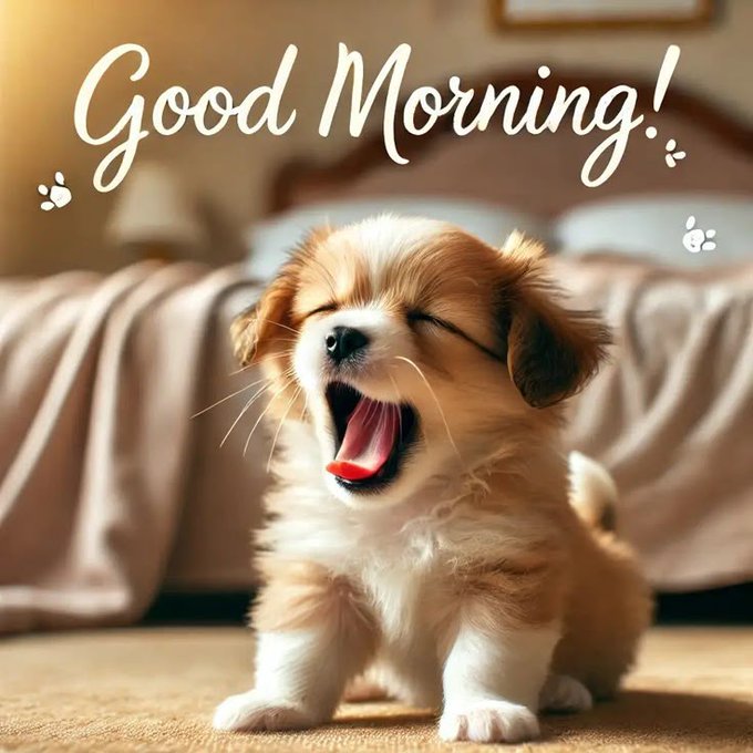 The image features a small brown and white puppy sitting on a carpeted floor, with its mouth open as if panting or yawning. The background shows a bed with a blanket and pillows, suggesting that this scene takes place in someone's bedroom. Above the puppy, there is text that reads "Good morning!" followed by the phrase "Good morning!", which appears to be a greeting for the day.