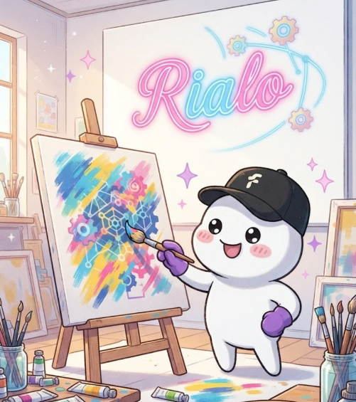 An illustration of a cute white character wearing a black cap with an 'F' logo, painting on a canvas with the word 'Rialo' displayed in neon pink and blue lettering.