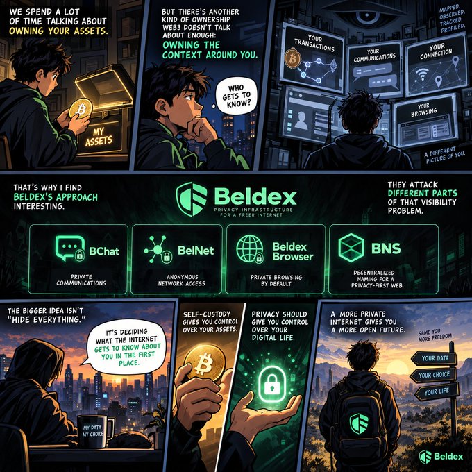 A comic-style promotional graphic for 'Beldex' privacy infrastructure, featuring illustrations and text highlighting their suite of products including BChat, BelNet, Beldex Browser, and BNS for a free internet.