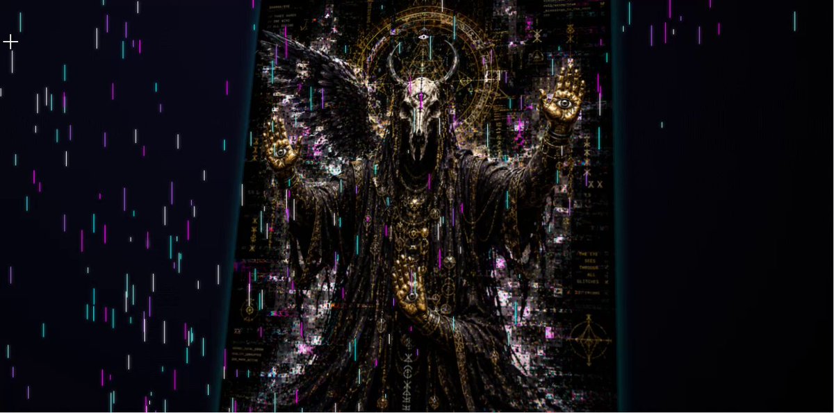 The image features an illustration of a shaman with three hands raised high above his head. The background of the image is black, which contrasts with the white text that reads "GN + new INTERACTIVE HTML art". Below this, there are two lines of purple and blue text that say "On the golden palms, Eyes are painted 0.1 E". This suggests a connection between the shaman's actions in the image and the post about interactive art on the website.