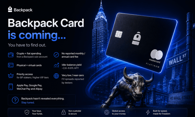 An advertisement for the "Backpack Card" shows a black Mastercard Platinum card against a backdrop of Wall Street and a bull statue, highlighting features like crypto spending, virtual cards, and no annual fees.