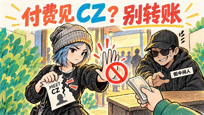 An anime-style illustration warns against paying intermediaries for private meetings with CZ, showing a person refusing cash offered by a "假中间人" (fake middleman) while holding a "MEET CZ" paper. The bold Chinese header reads "付费见CZ？别转账" ("Pay to see CZ? Don't transfer money"), reinforcing the post's warning that CZ has publicly clarified he does not charge for brief encounters and would disapprove of anyone profiting off meetings with him.