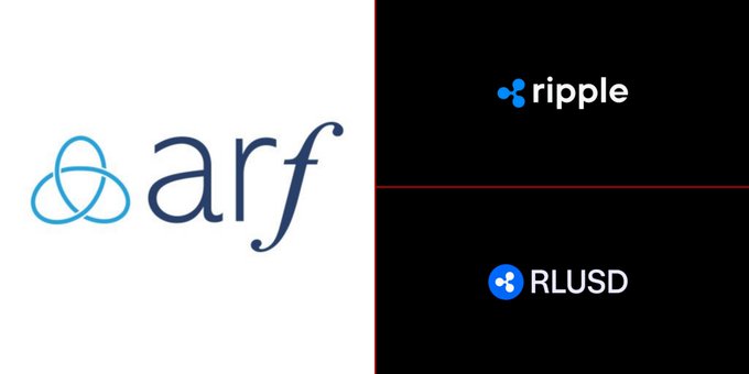A split graphic shows the “arf” logo on the left and Ripple-branded “RLUSD” on the right.