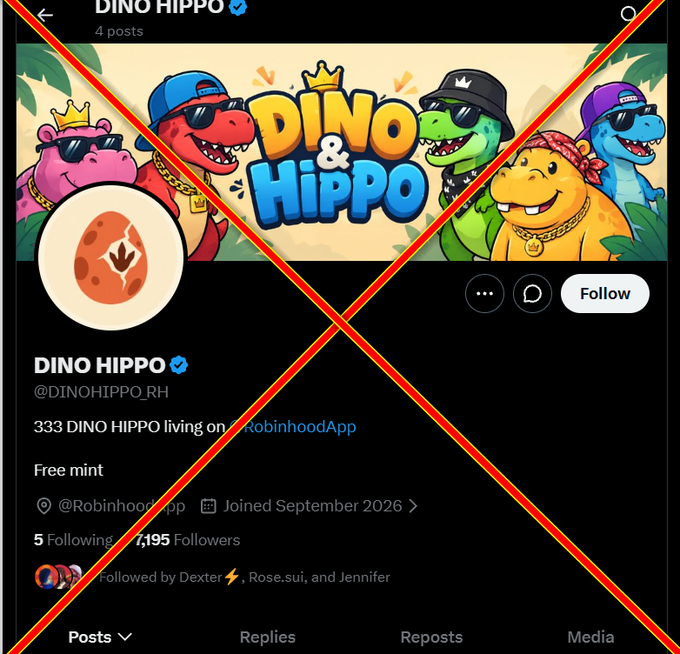 A Twitter/X profile page for 'DINO HIPPO' (@DINOHIPPO_RH) advertising '333 DINO HIPPO living on RobinhoodApp' and 'Free mint', overlaid with a large red 'X' mark.
