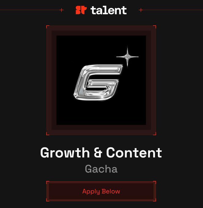 A promotional graphic with the 'SF talent' logo and a silver 'G' emblem featuring a star, advertising 'Growth & Content Gacha' with an 'Apply Below' button.