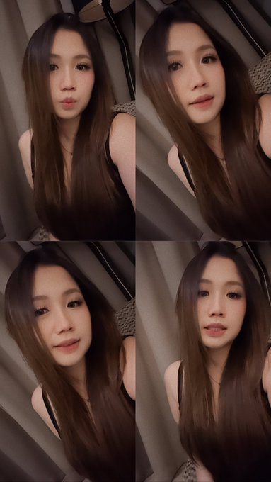A 2x2 collage of four selfies showing a young woman with long brown hair, wearing a black top, posing from slightly different angles in a softly lit room.