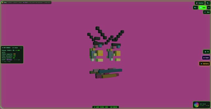 A 3D voxel/voxel editor interface with a magenta background showing a partially constructed blocky character with eyes and a mouth, alongside UI panels with model stats and color picker controls.