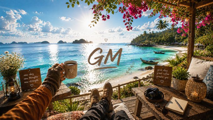 A first-person view of someone relaxing on a balcony overlooking a tropical beach with turquoise water, holding a coffee mug, with 'GM' written in the sky and notes saying 'new day new thoughts new targets' and 'good vibes great coffee greater you'.