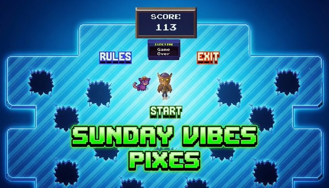 A retro-style pixel art game screen titled 'SUNDAY VIBES PIXES' displays a score of 113 and 'Game Over' text with options for RULES, EXIT, and START.