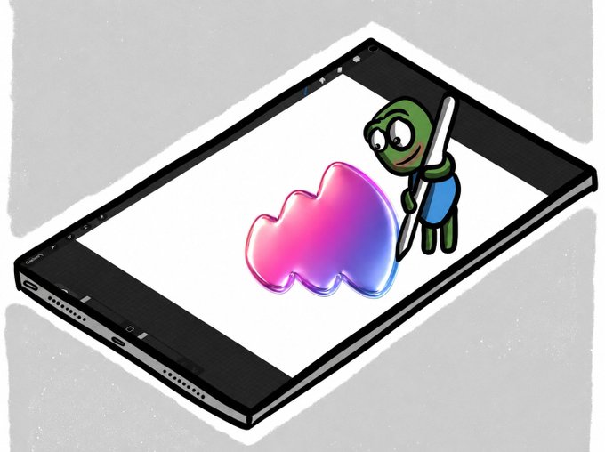 A cartoon illustration of a green character with glasses painting an abstract pink and purple shape on a smartphone screen.