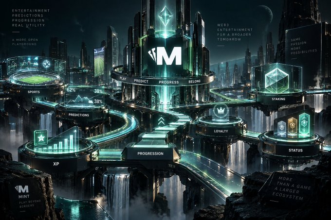 Futuristic neon cityscape promotional graphic featuring the "MINT" platform logo, showcasing interconnected ecosystems labeled Sports, Predictions, Staking, Loyalty, Status, XP, and Progression.