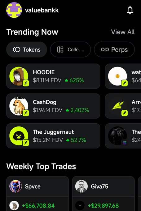A mobile app screenshot from 'valuebankk' showing a 'Trending Now' section with tokens HOODIE ($8.11M FDV, +625%), CashDog ($1.96M FDV, +2,402%), and The Juggernaut ($15.2M FDV, +52.7%), plus a 'Weekly Top Trades' section.