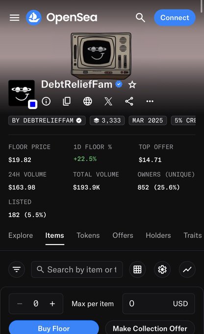 Screenshot of an OpenSea NFT collection page titled 'DebtReliefFam' with a floor price of $19.82, 24h volume of $163.98, total volume of $193.9K, and 852 unique owners.