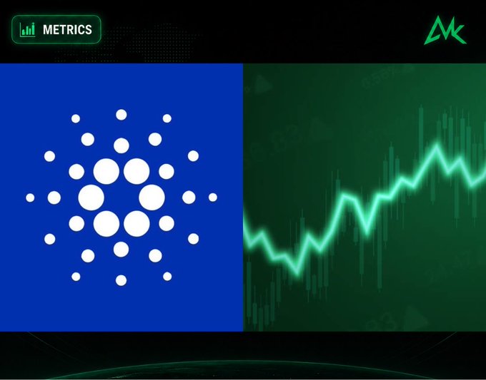 A dark screen labeled 'METRICS' shows the Cardano (ADA) logo on a blue square alongside a green price chart on the right.