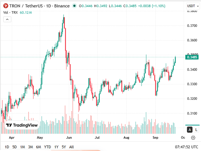 A TradingView daily chart of TRON/TetherUS (TRX/USDT) on Binance shows the price at $0.3485 (+1.10%), with recent action around late September approaching the $0.35 resistance level. The chart contextualizes the post's claim about USDT on TRON's growing dominance in on-chain payments by illustrating TRON's steady price recovery since a June dip.