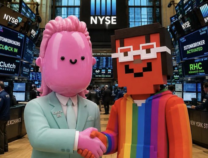 A 3D rendered scene depicting the NYSE (New York Stock Exchange) trading floor with two stylized characters—one pink figure in a light blue suit and one orange Minecraft-style figure—shaking hands in the foreground.