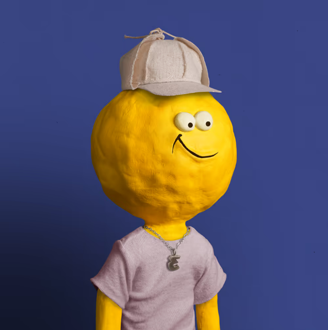 A 3D-rendered character with a yellow round head, googly eyes, a black smile, wearing a beige cap, a pink t-shirt, and a gold chain with an 'E' pendant, set against a blue background.