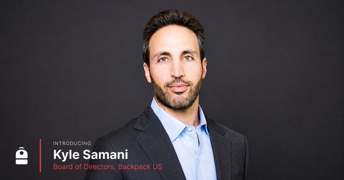A professional headshot introduces 'Kyle Samani, Board of Directors, Backpack US' beside a backpack icon, featuring a bearded man in a dark suit and light blue shirt.