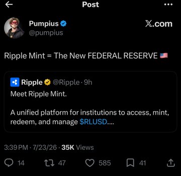 The image is a screenshot of an X.com post by user @pumpius titled "Ripple Mint = The New FEDERAL RESERVE 🇺🇸," quoting Ripple's announcement of "Ripple Mint," a platform for institutions to access, mint, redeem, and manage $RLUSD. The accompanying critique disputes the claim, arguing that Ripple Mint has no functional overlap with the Federal Reserve and is merely a copy of Circle Mint, calling the comparison misleading.