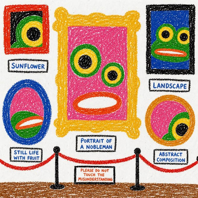 A crayon-style drawing of an art gallery displaying labeled paintings including 'SUNFLOWER', 'PORTRAIT OF A NOBLEMAN', 'LANDSCAPE', 'STILL LIFE WITH FRUIT', and 'ABSTRACT COMPOSITION', with a sign reading 'PLEASE DO NOT TOUCH THE MISUNDERSTANDING'.