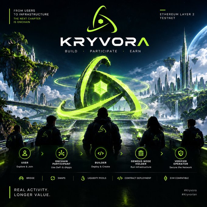 A promotional poster for Kryvora, an Ethereum Layer 2 Testnet featuring the tagline 'From Users to Infrastructure,' highlighting roles like User, Onchain Participant, Builder, Genesis Node Holder, and Verified Operator alongside features such as Bridge, Swaps, and EVM Compatibility.