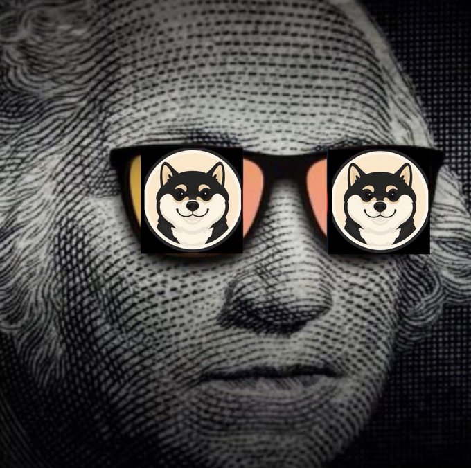 A close-up of a currency-engraved face wearing sunglasses whose reflective lenses display a cartoon Shiba Inu dog.