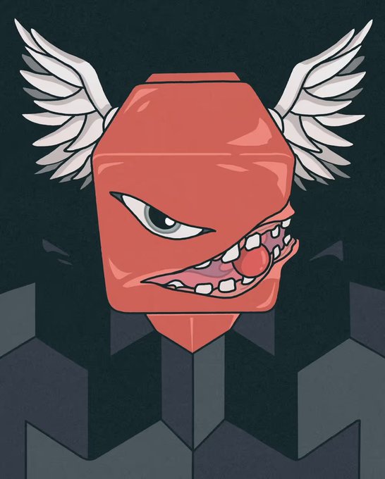 A cartoon illustration of an angry red character with a single large eye, white wings, sharp teeth, and a black collar with spike-like protrusions against a dark background.