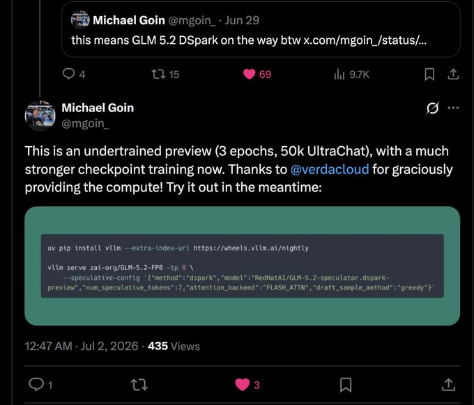 A screenshot of a tweet from Michael Goin (@mgoin_) previewing the GLM-5.2-FP8 model with dSpark speculative decoding, providing installation and serve commands for vLLM with 7 speculative tokens and Flash Attention. The technical proof-of-concept supports the claim that GLM 5.2 is about to get much faster through this speculative decoding approach.