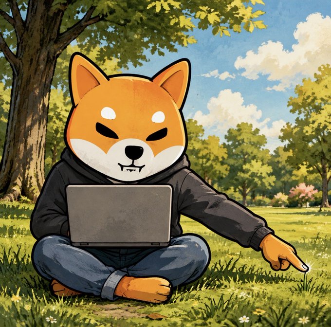 The image depicts an anthropomorphic Shiba Inu dog character in a black hoodie sitting cross-legged in a grassy park while using a laptop, with one paw pointing at the grass—visually embodying the meme's joke of "touching grass" by literally pointing at it. The caption playfully encourages the SHIB Army to get outside and touch grass this weekend, matching the humorous meme format.