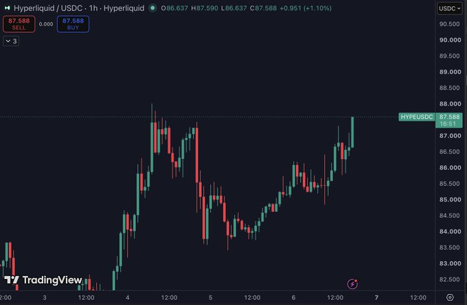 This TradingView chart displays the Hyperliquid/USDC (HYPE/USDC) perpetual futures on a 1-hour timeframe, with the current price at 87.588 USDC, showing a gain of +0.951 (+1.10%) and a high of 87.590. The candlestick pattern reveals an overall bullish recovery from lows around 82.5, with strong upward momentum building toward 88.000—aligning perfectly with the "HYPE ATH waiting room" caption, as the price appears to be coiling near all-time high territory and waiting for a breakout above the 88 resistance level.