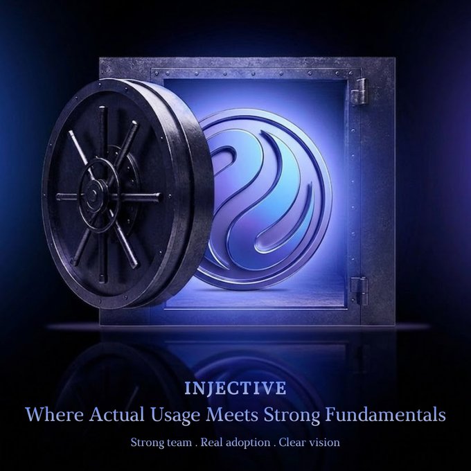 The image features a black safe with a blue logo, which has been opened up to reveal a message about investing. The text within the image reads "INJfam.. Where Actual usage meets Strong fundamentals", suggesting that the safe contains information related to investing in cryptocurrency or other financial markets.