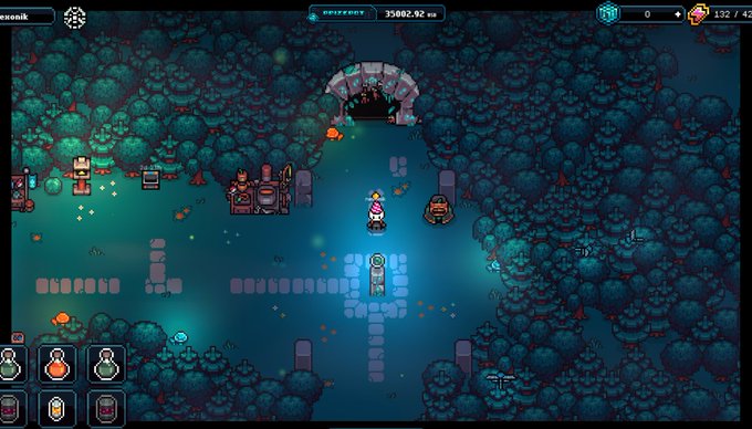 A pixel-art video game screenshot of a character standing in a dark forest clearing near a stone archway, with decorative landscaping, a central platform, and inventory potions displayed at the bottom.